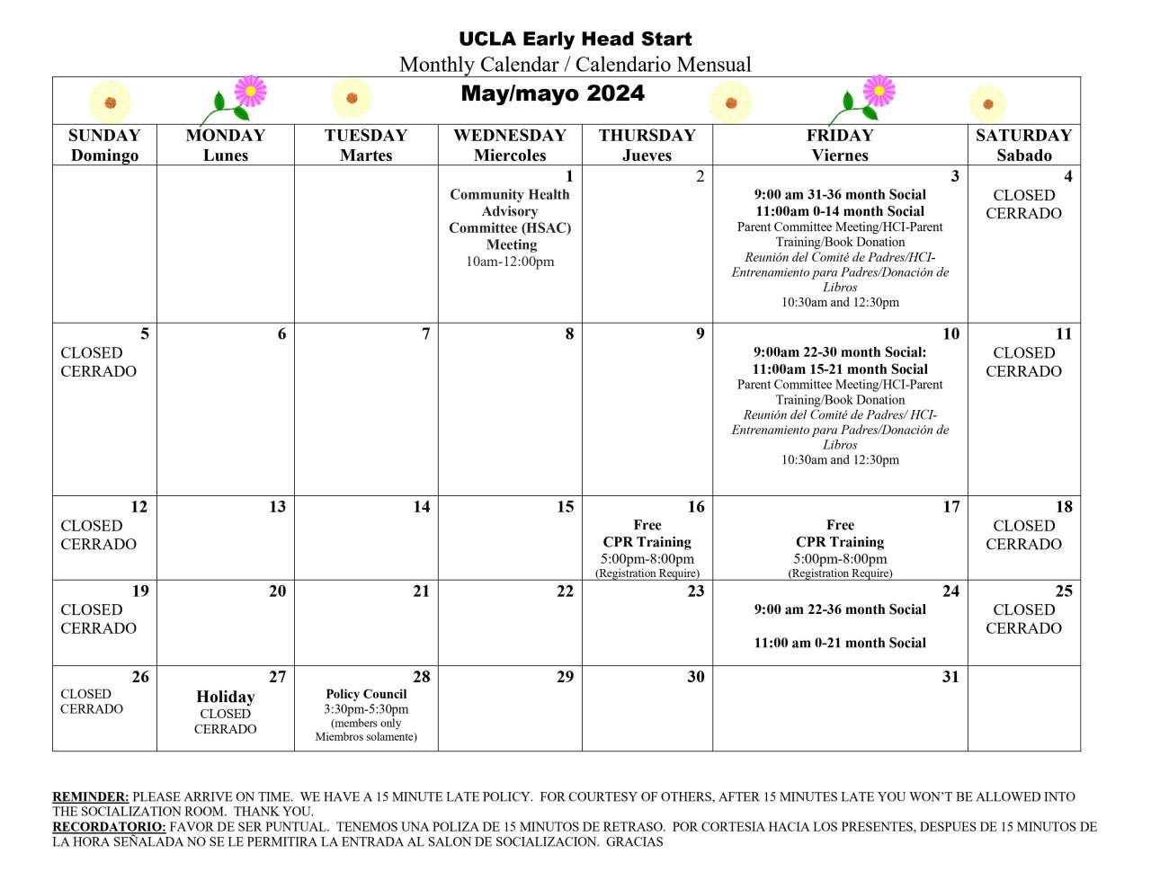 UCLA Early Head Start May Calendar of Events