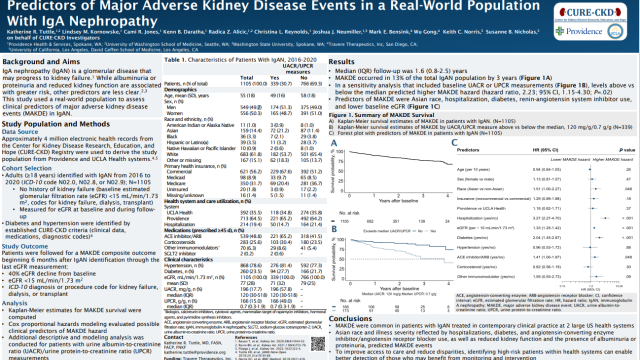 Research poster on predictors of major adverse kidney events in patients with IgA nephropathy using real-world CURE-CKD data.