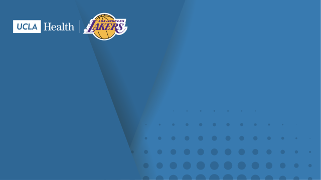 Zoom background of a blue graphic and the UCLA Health logo and Lakers logo