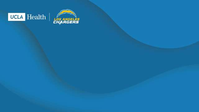 Zoom background with a blue graphic and the UCLA Health logo and Chargers logo