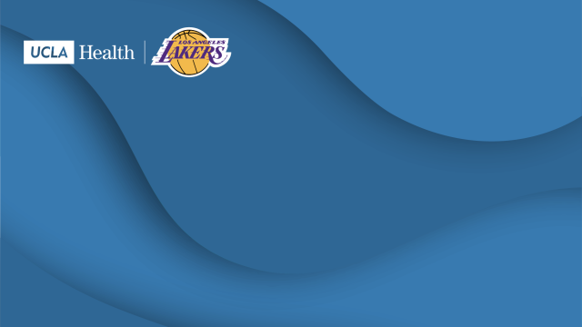Zoom background of a blue graphic and the UCLA Health logo and Lakers logo
