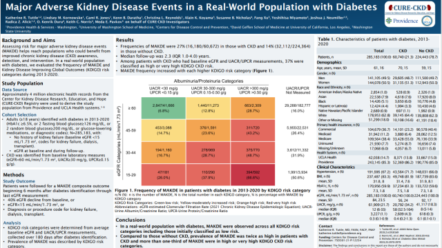 Infographic on major adverse kidney events (MAKE) in diabetic CKD patients, showing risks of dialysis, death, and disease progression.