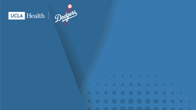 Zoom background of a blue graphic and the UCLA Health logo and Dodger logo