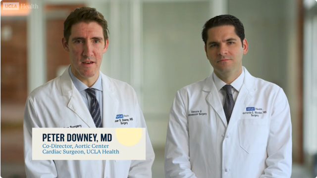 Two physicians in white coats standing in a hospital corridor