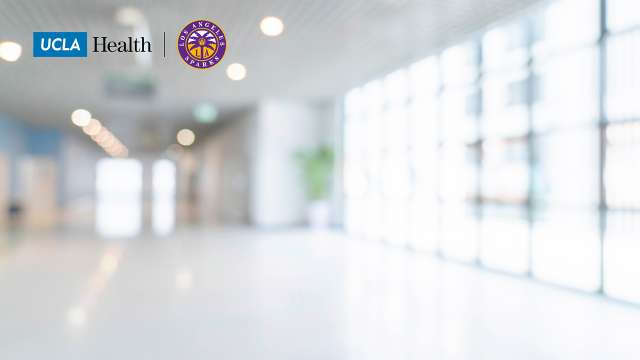 Zoom background of a hospital hallway and the UCLA Health logo and Sparks logo