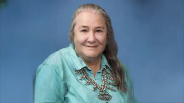 Mary Marfisee, MD, MPH wearing a turquoise shirt and jewelry against a blue background.