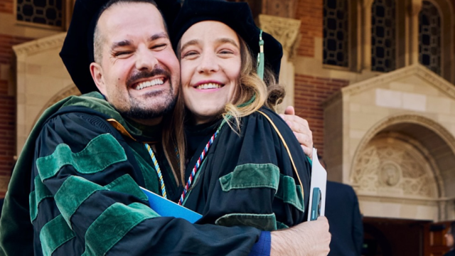Two David Geffen School of Medicine graduates hugging