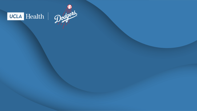 Zoom background of a blue graphic and the UCLA Health logo and Dodger logo