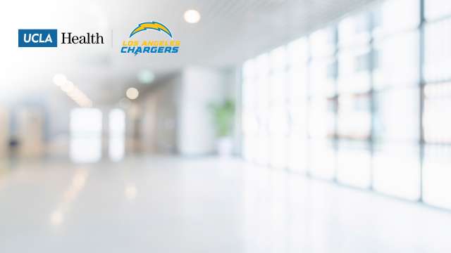 Zoom background of a hospital hallway and the UCLA Health logo and Chargers logo
