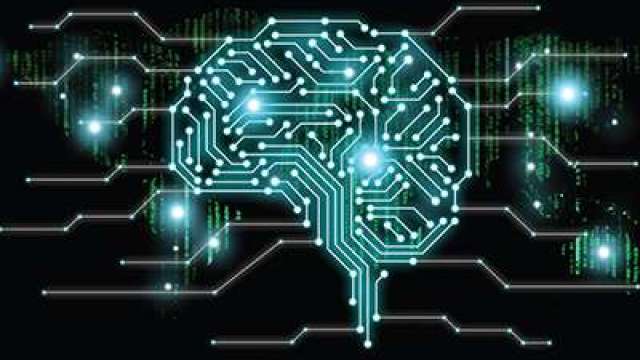 Neon circuitry forming a brain shape with glowing connection nodes