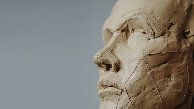 a man's face sculpted from clay