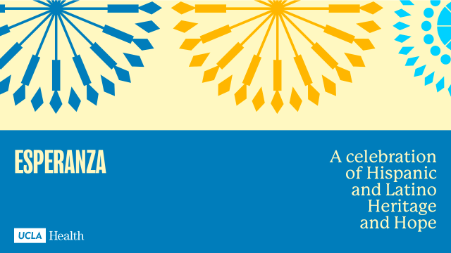 Zoom background for Hispanic Heritage Month with blue and orange decorative assets.