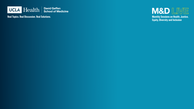 Zoom background with UCLA Health and M&D Live branding on a blue gradient backdrop promoting health equity discussions.