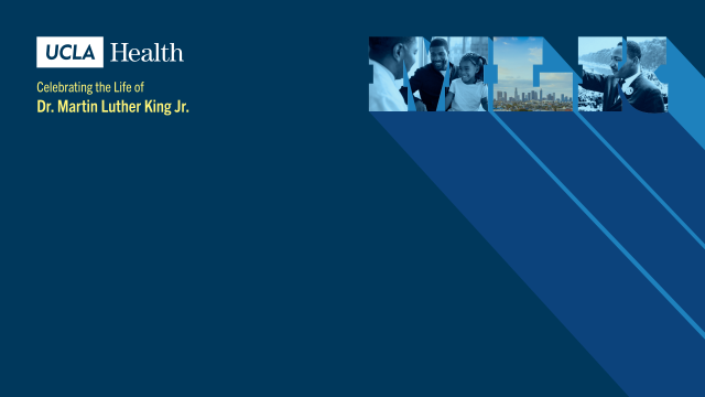 Dark blue Zoom background for MLK Week, featuring Dr. Martin Luther King, Jr., UCLA Health logo top left, and three people images top right.
