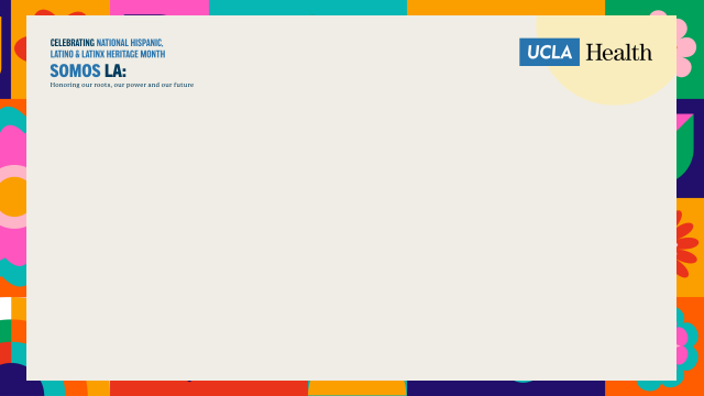 A vibrant, abstract graphic with a colorful border. It features UCLA Health and SOMOS LA logos on a light tan background.