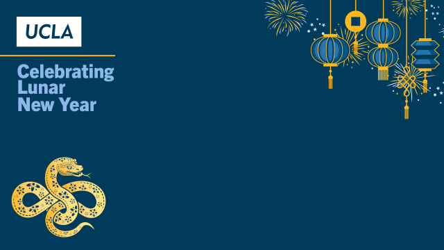 Zoom Background with the UCLA Health logo a snake, fireworks, and hanging lights in celebration of the Lunar New Year