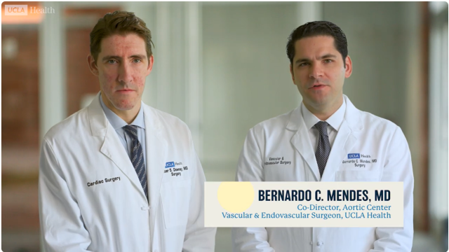 Two medical doctors in white coats standing in a hospital corridor.