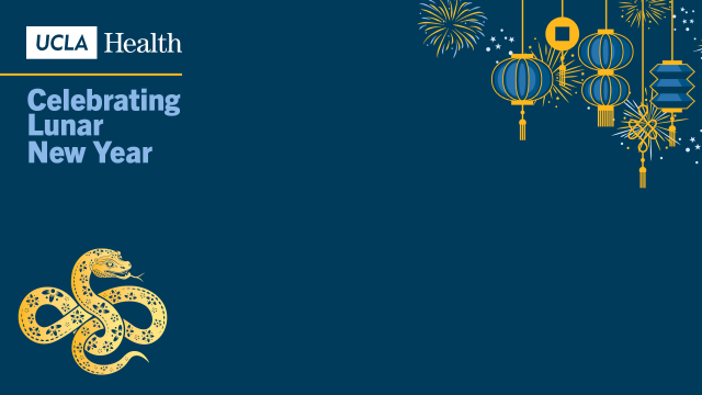 Zoom Background with the UCLA Health logo a snake, fireworks, and hanging lights in celebration of the Lunar New Year