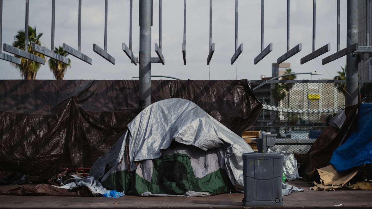 A homeless encampment on the streets of Downtown Los Angeles.