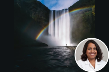 a photo of a rainbow and a waterfall and the principal investigator of the study, Dr. Debbika Bhattacharya