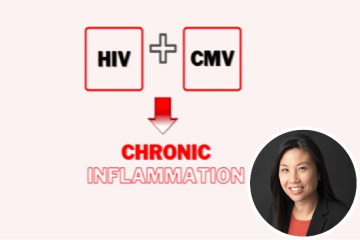 a graphic of HIV plus CMV equals chronic inflammation and a photo of the principal investigator for the studym Dr. Kara Chew