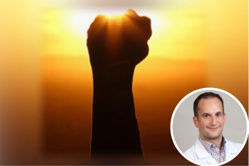 a photo of someone rising their fist in victory and a photo of the prinicipal investigator for the study, Dr. Raphael Landovitz