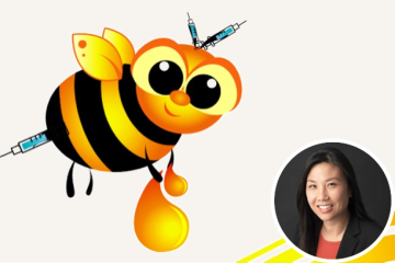 A drawing of a bee with injectable needles for a stinger and antennae and a photo of the principal investigator for the study, Dr. Kara Chew 