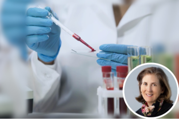 a photo of a lab tech pipetting blood on to a microscope slide and a photo of the principal investigator for the study, Dr. Judith Currier
