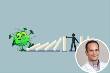 a cartoon virus kicking over a row of dominos with a stick figure stopping the dominos from falling over and a photo of the principal investigator for the study, Dr. Raphael Landovitz