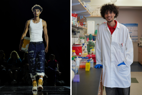 A side-by-side portrait of a young man with curly hair. On the left, he walks a fashion runway wearing a white tank top, distressed dark jeans, and Timberland boots, carrying a shoebox. On the right, he smiles in a research laboratory, wearing a white lab coat over a red polo shirt and blue latex gloves.