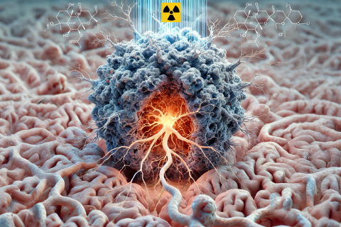 a central, spherical mass representing the cancer cell, with branching structures extending outward, symbolizing the cell's transformation into a dormant, neuron-like state. Radiation symbols are shown above, indicating the treatment approach.