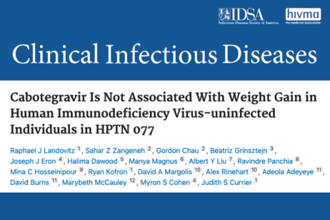 Masthead for a research article titled, "Safety, tolerability, and pharmacokinetics of long-acting injectable cabotegravir in low-risk HIV-uninfected individuals: HPTN 077, a phase 2a randomized controlled trial."