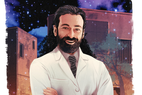 an illustration of DR. RAMIN SALEHI-RAD smiling and wearing a white coat with building in the background