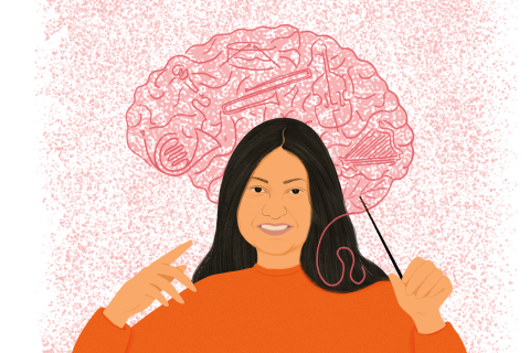 illustration of Dr. Lucina Uddin, with a large abstract drawing of a brain