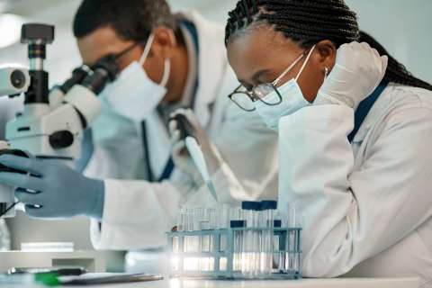 Scientist, dropper and staff with research in lab for experiment.