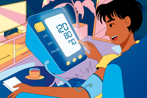 Illustration of a man taking his own blood pressure while sitting down with a giant sphygmomanometer by Maitreyee Kalaskar.