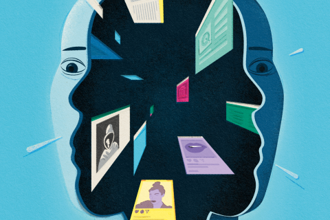 Illustration of overlapping human profiles with floating digital screens, symbolizing the impact of social media on schizophrenia delusions.