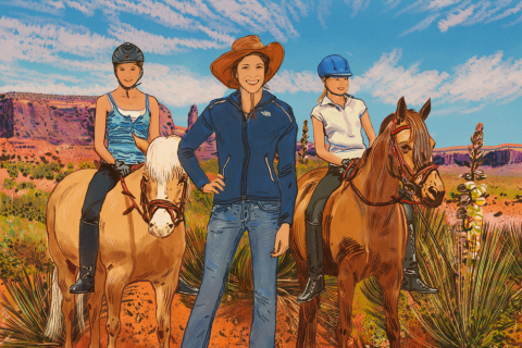 Stylized illustration of RC Lechner, created by artist Anna Higgie. The portrait features bold colors and geometric shapes, depicting Lechner in the desert with two girls who are riding a horse.