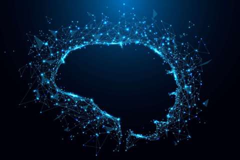 Abstract graphic of a glowing brain outline made of interconnected blue particles.