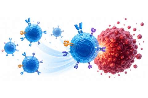 Illustration of multiple blue T cells converging on a large red, textured tumor cell