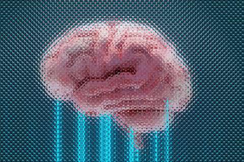 A pixelated brain with glowing blue lines.