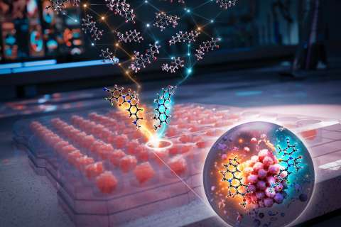 Glowing molecular helix above microplate wells with magnified molecular cluster.