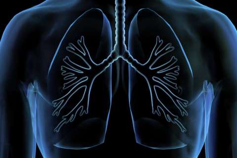A blue, glowing medical illustration of a human torso showing the outline of the lungs and the bronchial tree against a dark background.