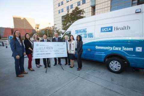 Rep. Ted Lieu, center, presents Congressional Community Project Grant funding to UCLA Health leaders to support the Homeless Healthcare Collaborative