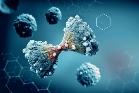 an illustration demonstrating microscopic view of cancer cells with a blue background