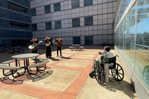 Mariachi band performing outdoors at UCLA Health, fulfilling a patient's final wish through the 3 Wishes Program.