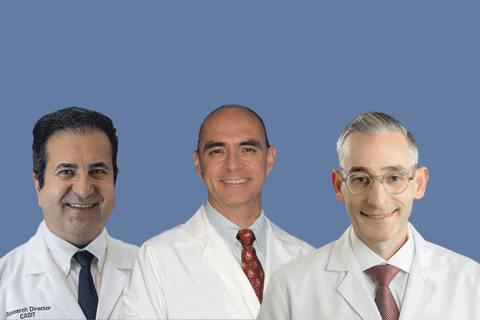 NICHD2: three researchers in white lab coats against a blue background
