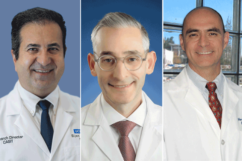Three doctors' headshots in white coats against a blue background.