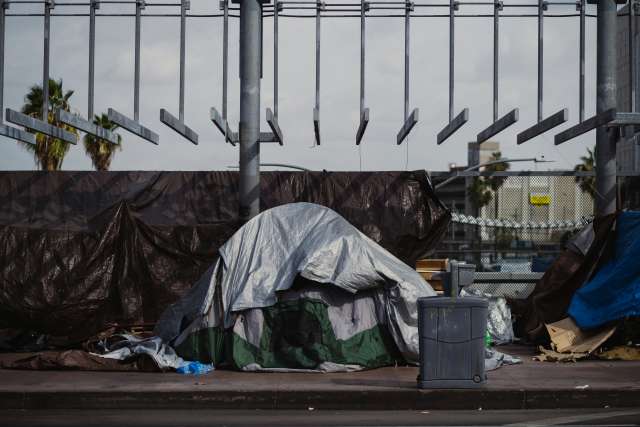 A homeless encampment on the streets of Downtown Los Angeles.