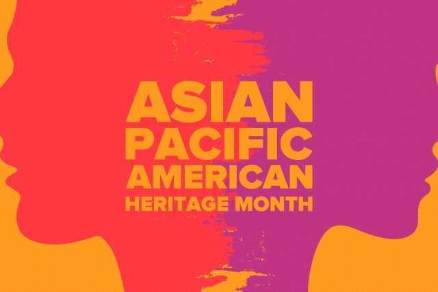A graphic for Asian Pacific American Heritage Month with two side-by-side silhouettes of faces in profile. One is red-orange and the other is purple.